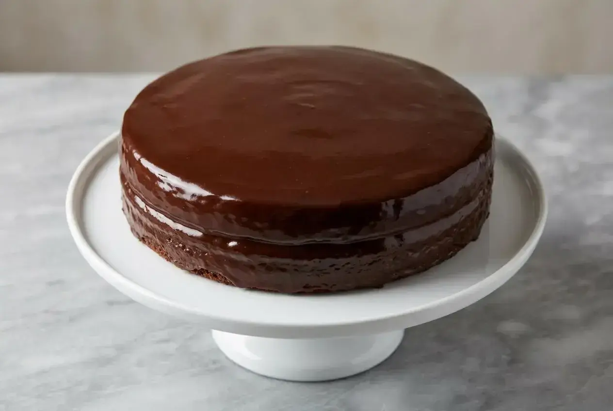 Gâteau chocolat sans oeuf, deux couches de gâteau moelleux recouvertes d'un glaçage au chocolat brillant et lisse, présenté sur un plat à gâteau blanc.