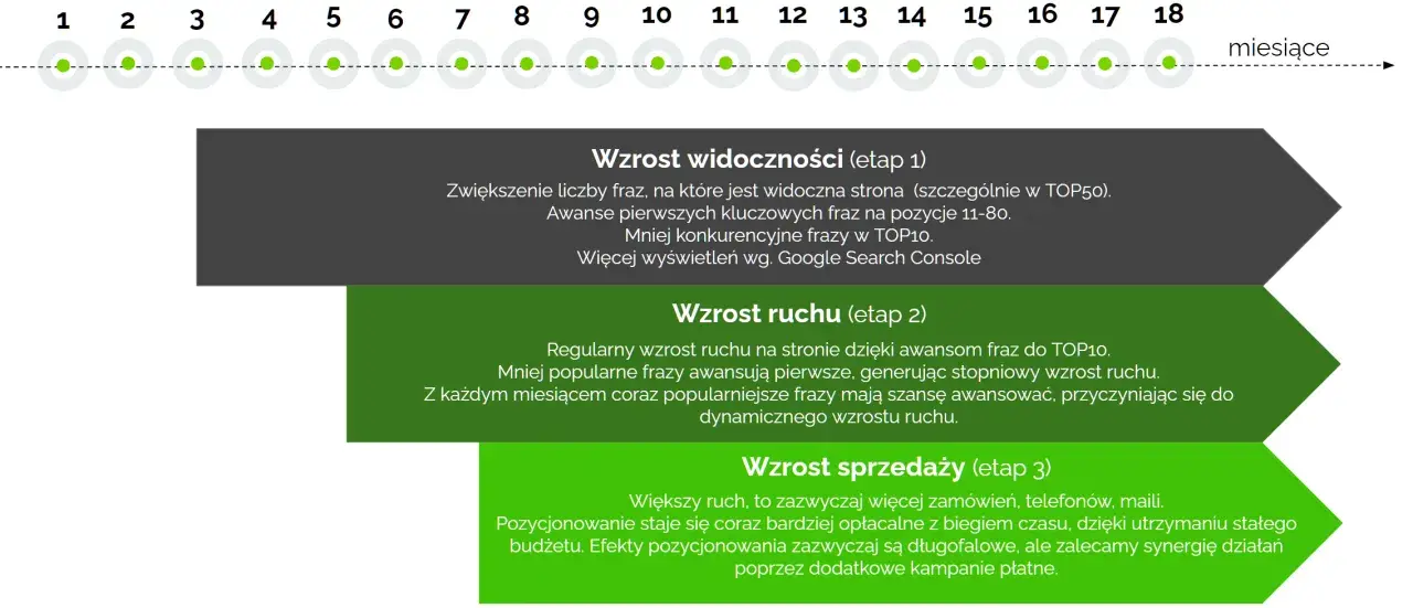 Wykres etapów pozycjonowania stron: wzrost widoczności, ruchu i sprzedaży. Od 1 do 18 miesiąca.