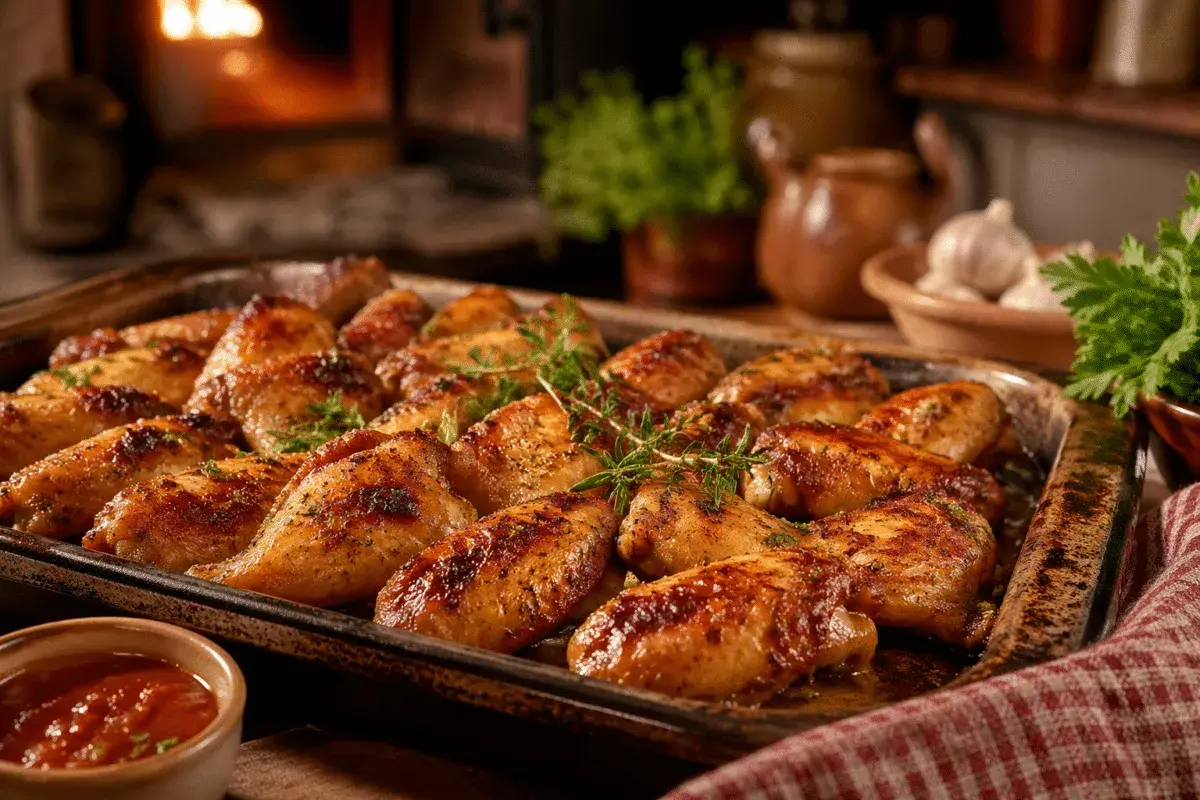 Bandeja con alitas de pollo al horno doradas y jugosas, decoradas con hierbas frescas. Al fondo, un fuego crepitante y ajos.
