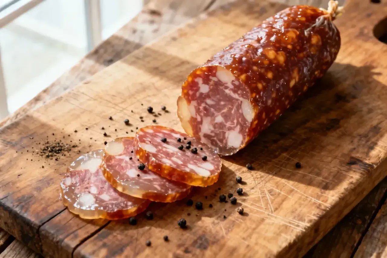 Tranché sur une planche en bois, un saucisson sec aux grains de poivre noir. Une recette simple pour un plaisir authentique.