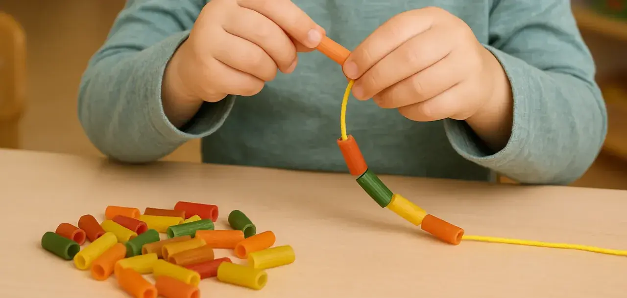 Manos de niño ensartando macarrones de colores, desarrollando la escritura manual.