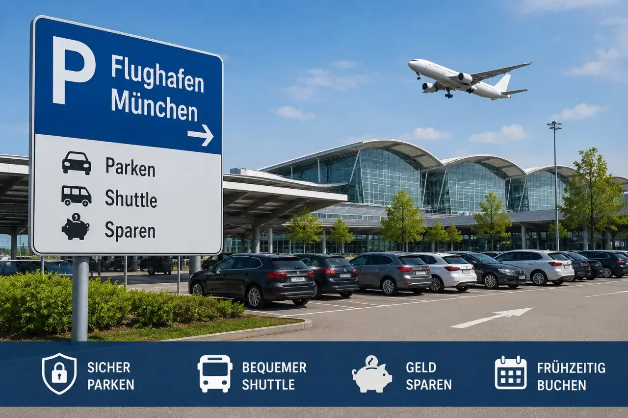Parkplatz am Flughafen München mit Shuttle-Service und Sparmöglichkeiten. Ein Flugzeug startet im Hintergrund.