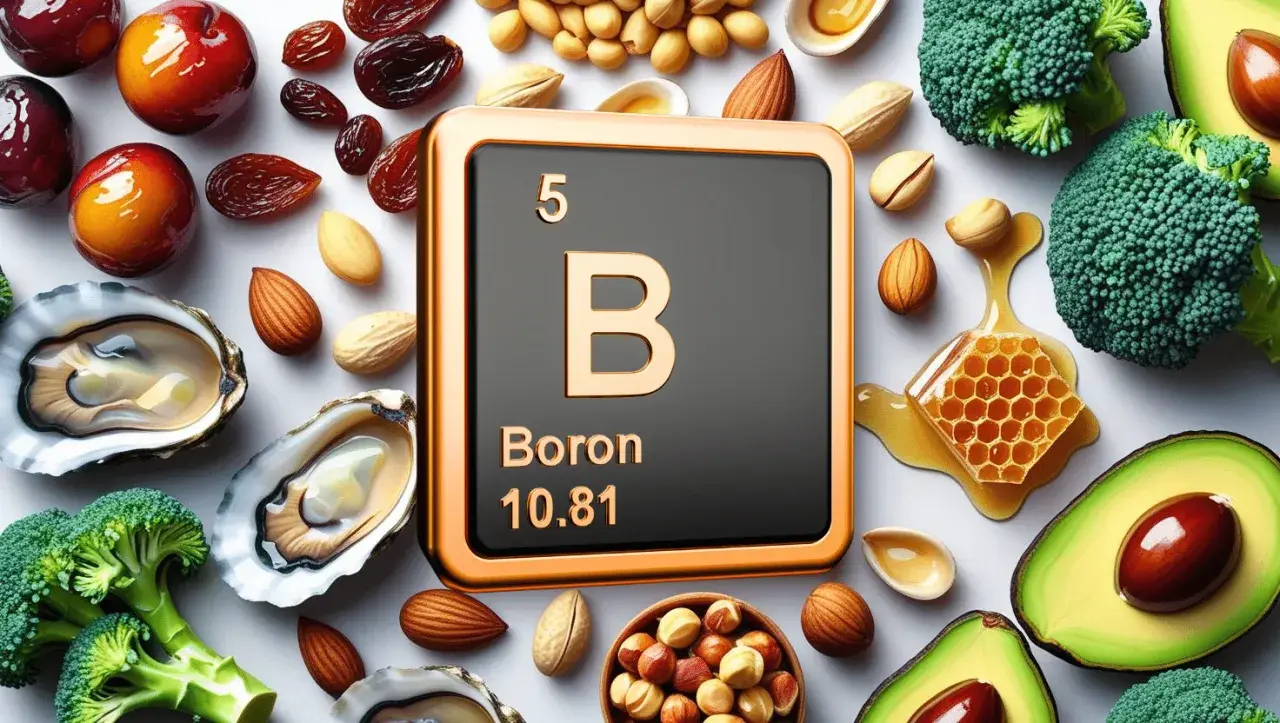 Bor wirkung: Austern, Mandeln, Honig, Brokkoli und Avocado umgeben ein Symbol für Bor.