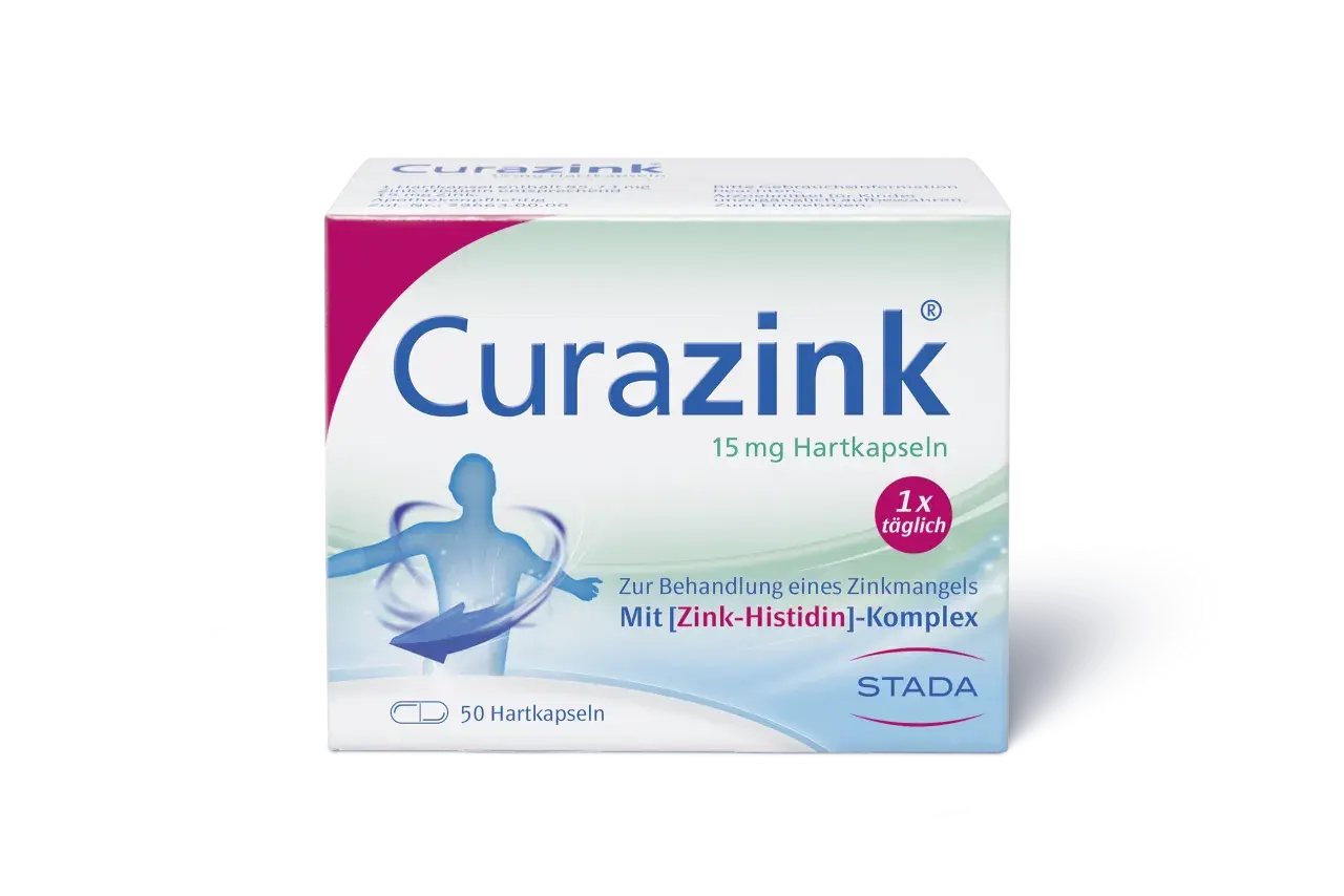 Curazink Hartkapseln mit Zink-Histidin-Komplex zur Behandlung von Zinkmangel. Die zink tabletten wirkung unterstützt den Körper. 1x täglich einnehmen.