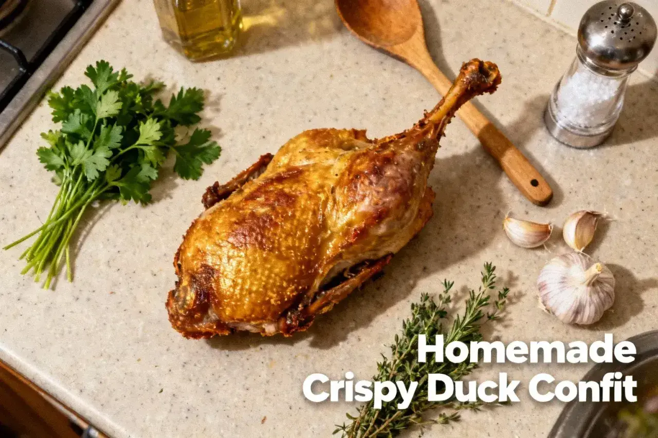 Une cuisse de canard confite dorée et croustillante, prête à être dégustée. Des herbes fraîches, de l'ail et du sel complètent cette image gourmande.