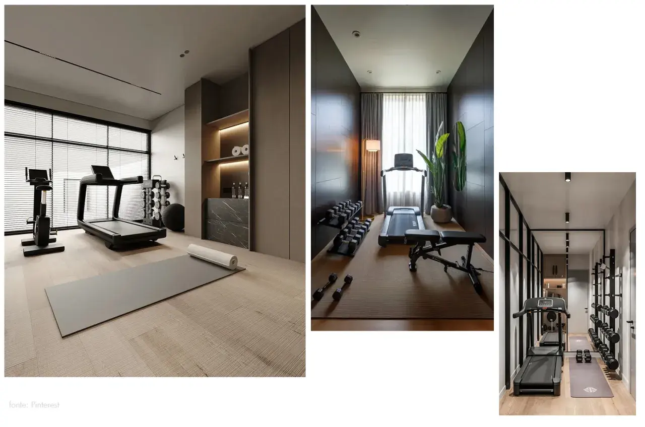 Elegante palestra in casa poco spazio con tapis roulant, cyclette, pesi e tappetino.