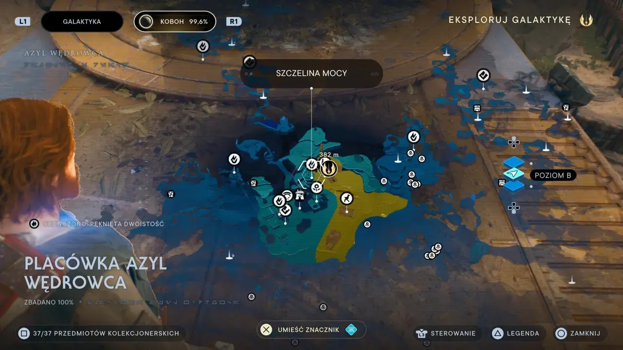 Mapa z gry Jedi Survivor, pokazująca Placówkę Azyl Wędrowca. Wszystkie trofea zebrane!