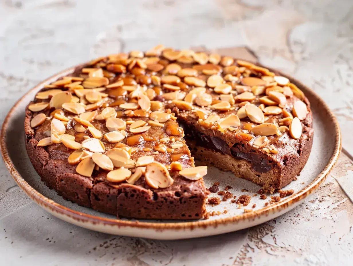 En saftig kladdkaka med mandelflarn och kolasås, en riktigt nyttig kladdkaka som smakar ljuvligt.