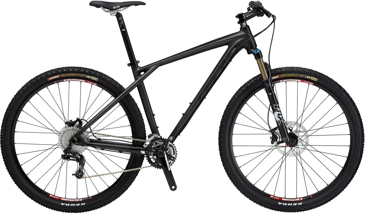 Sleek black GT Zaskar Carbon mountain bike with Kenda tires, Fox suspension fork, and WTB saddle, ready for any trail.