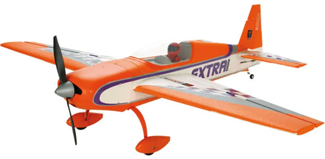 Ein orange-weißes Modellflugzeug, ein Parkzone Extra 300, mit lila Akzenten und einem Piloten im Cockpit.