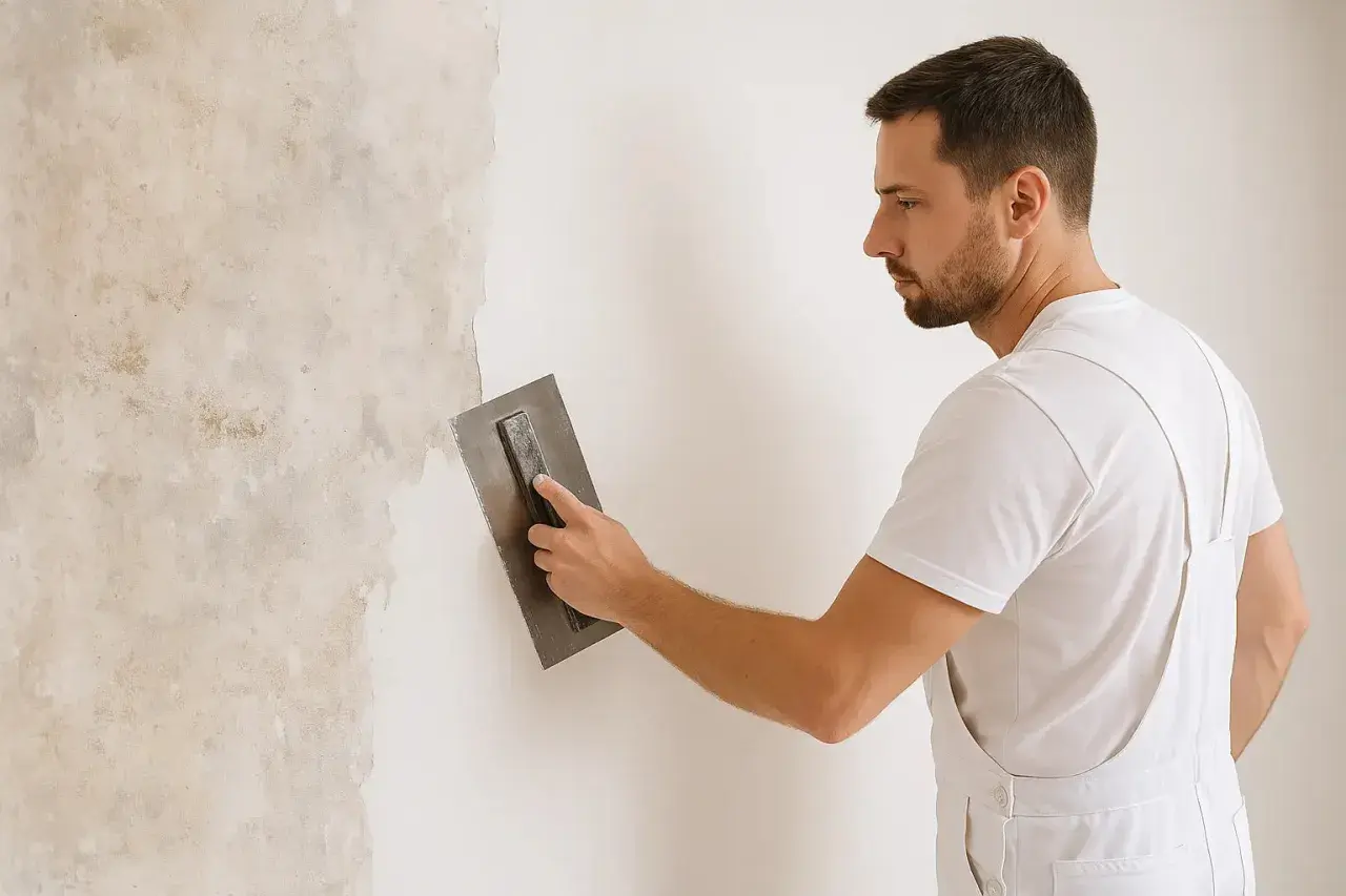 Mann trägt mit Glättekelle Rollputz auf eine Wand auf.