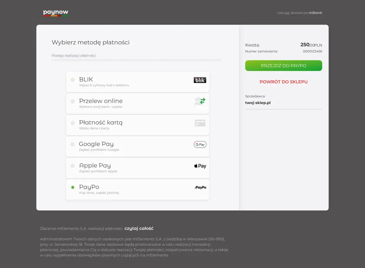 Wybierz metodę płatności: BLIK, Przelew online, Płatność kartą, Google Pay, Apple Pay, PayPo. Kliknij "Przejdź do Paypo" by zapłacić.