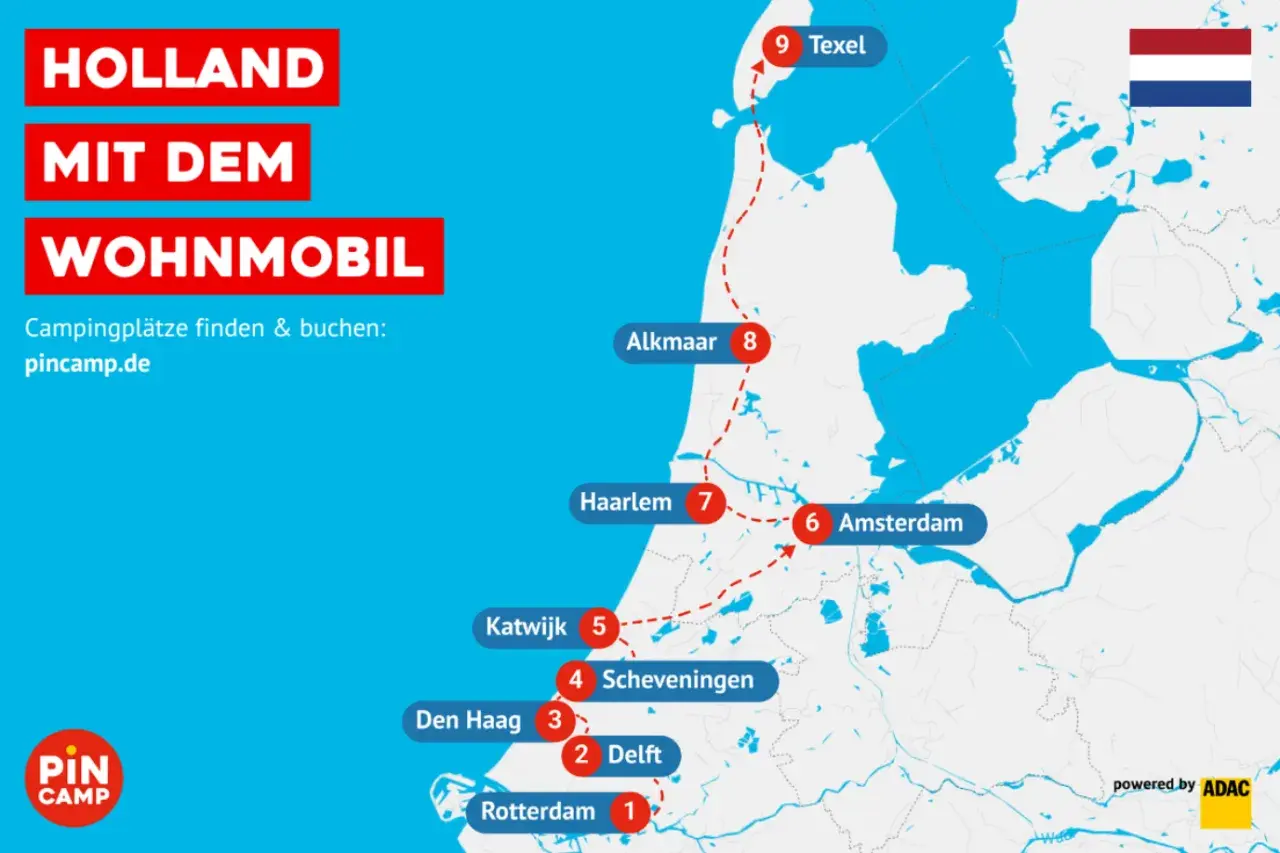 Die Holland Route mit dem Wohnmobil führt von Rotterdam über Delft, Den Haag, Scheveningen, Katwijk, Haarlem, Alkmaar bis nach Texel. Campingplätze finden & buchen: pincamp.de