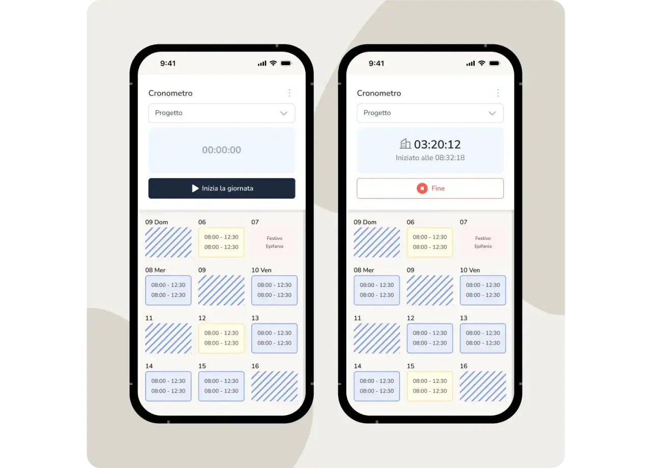 Schermate di un'app per timbrature: una mostra il cronometro a zero, l'altra con 3 ore registrate.
