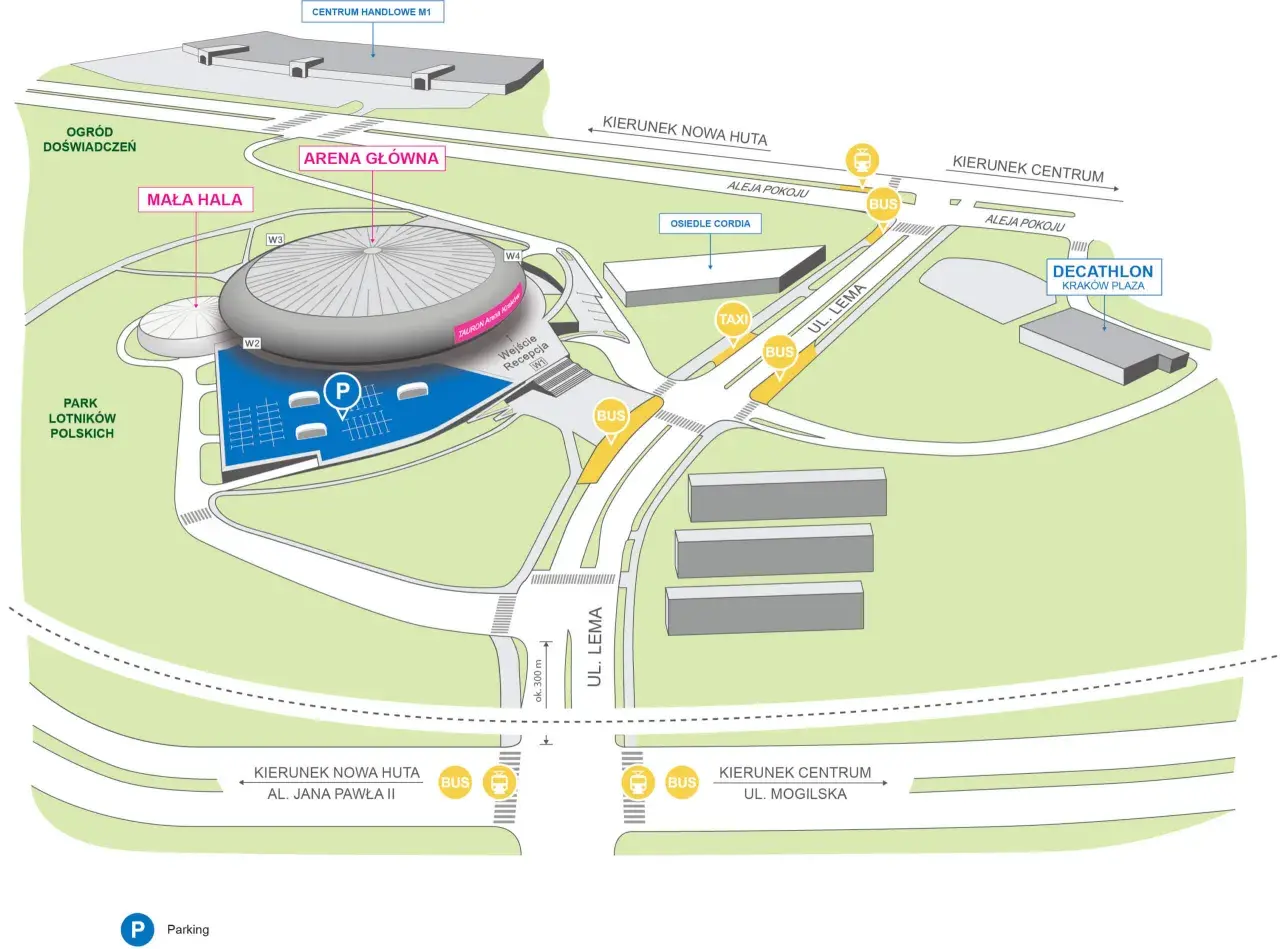 Mapa okolic TAURON Areny Kraków, pokazująca dojazd i parkingi. Idealne miejsce na kraków koncerty tauron arena.
