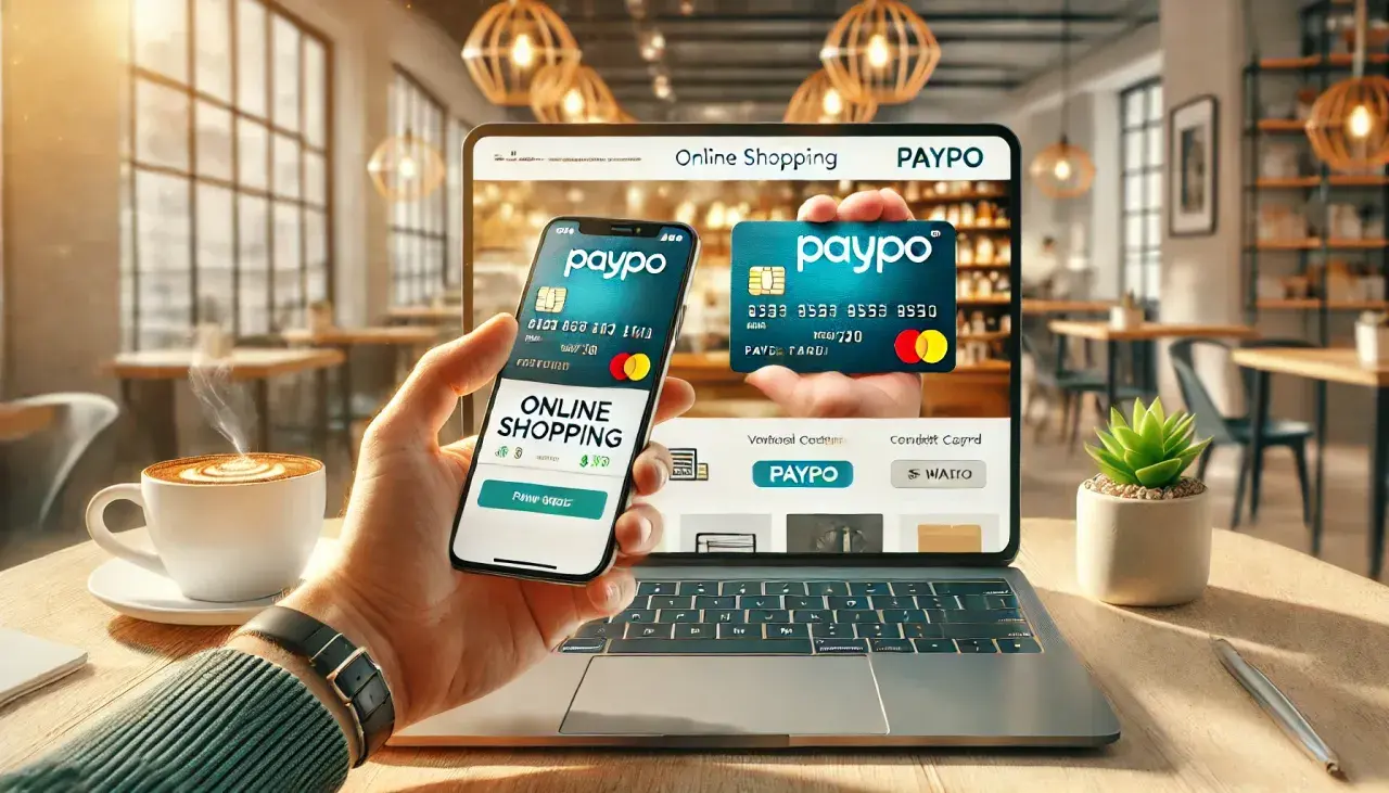 Dłoń trzyma smartfon z aplikacją Paypo do zakupów online, obok leży laptop z podobnym interfejsem.
