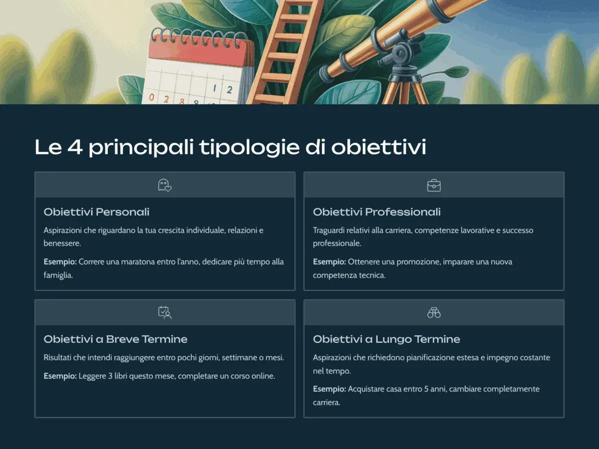 Obiettivi a lungo termine esempi: acquistare casa entro 5 anni, cambiare carriera. Immagine con telescopio, calendario e scala.