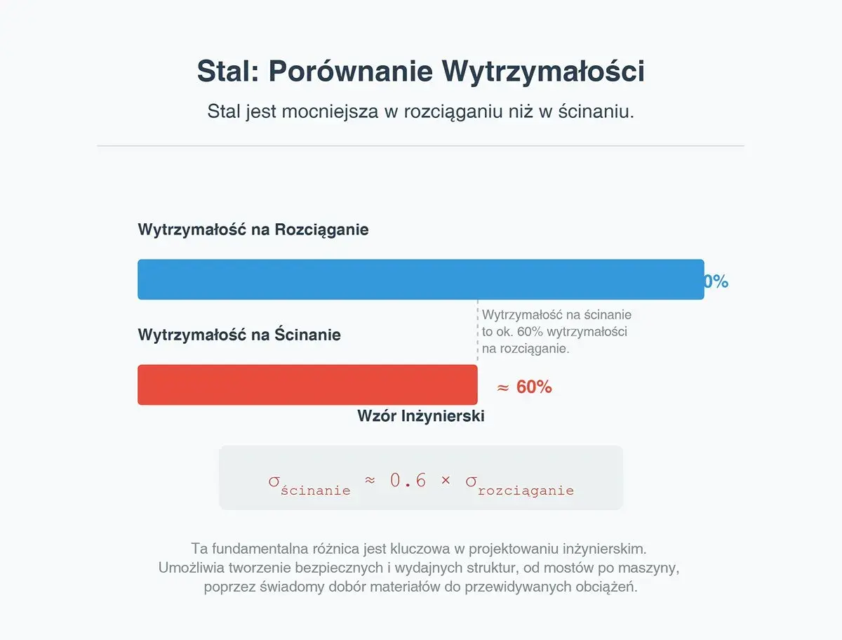 Wykres porównuje wytrzymałość stali na rozciąganie i ścinanie. Stal jest mocniejsza na rozciąganie. Wytrzymałość na ścinanie to ok. 60% wytrzymałości na rozciąganie.