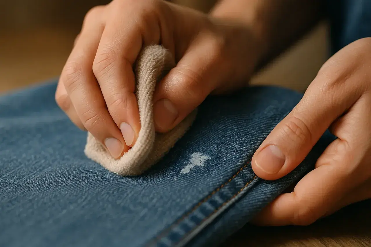 Main tenant une lingette pour essayer de comment enlever de la peinture sur un jean.
