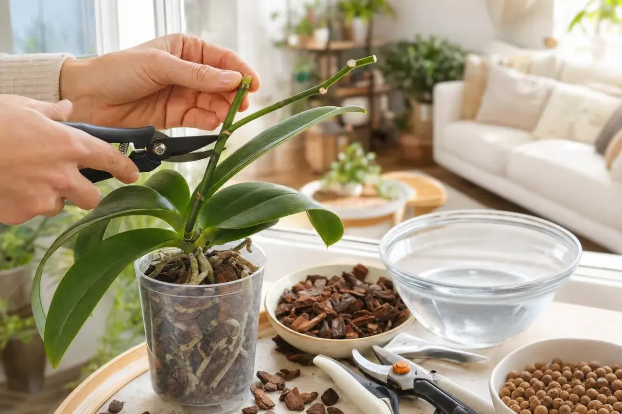 Des mains coupent une tige d'orchidée, étape clé pour savoir comment entretenir une orchidée à l'intérieur.