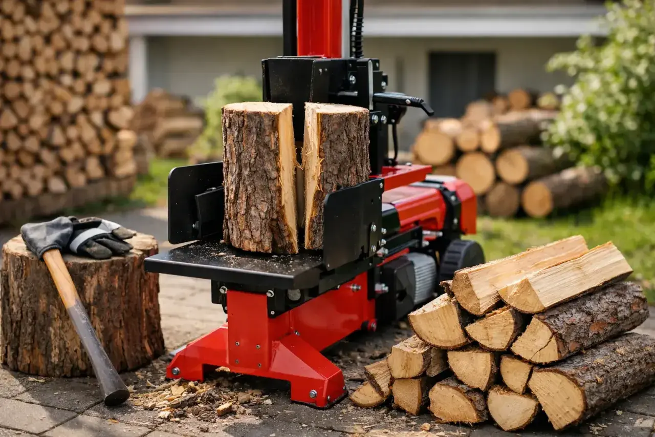 Roter Holzspalter mit zwei Holzstämmen, bereit zum Spalten. Daneben liegen Äxte und Handschuhe. Die Frage "holzspalter wieviel tonnen" wird durch die Leistung des Geräts beantwortet.