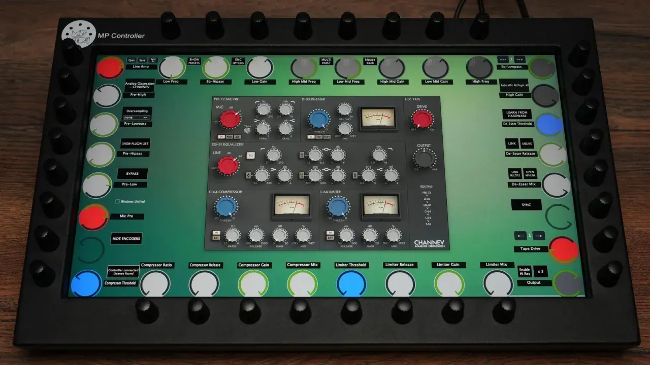 A digital audio workstation screen displays various Analog Obsession plugins, including EQ, compressor, de-esser, and tape drive modules.