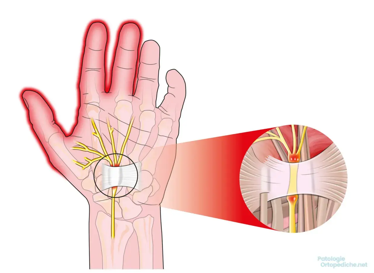 Illustrazione anatomica del tunnel carpale con nervo compresso, causa di scosse alle mani.