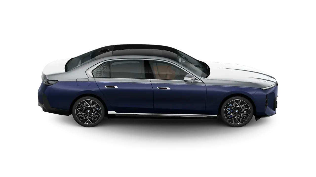 Eleganckie bmw i7 w dwukolorowym malowaniu, z ciemnoniebieskim nadwoziem i srebrnym dachem, prezentuje się luksusowo.