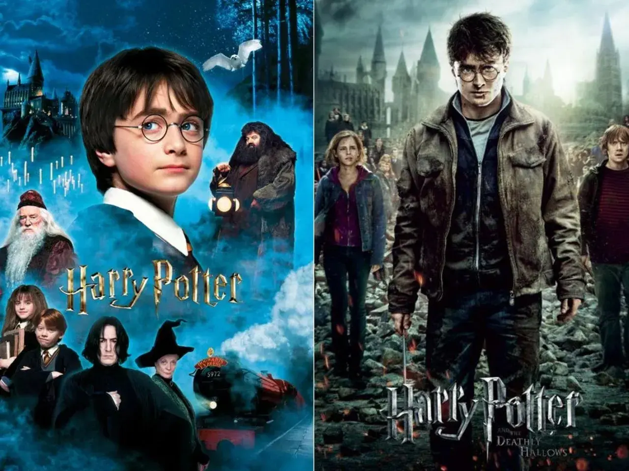 Plakaty z różnych części Harrego Pottera: młody Harry z Hagridem i Dumbledore'em, a obok dorosły Harry z Hermioną i Ronem.