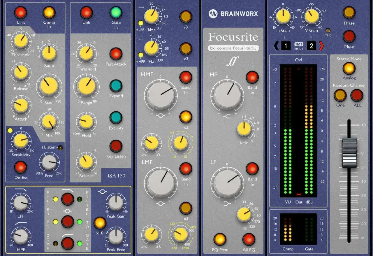 Focusrite bx_console Focusrite SC, a free channel strip plugin, features EQ, compression, and gate modules.