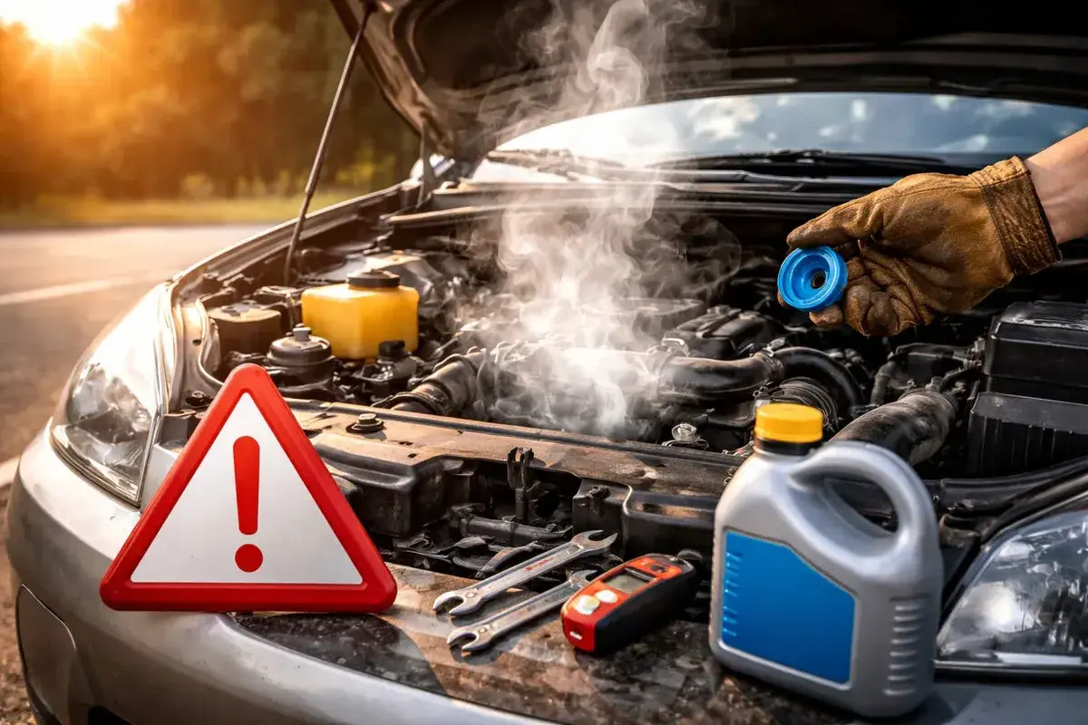 El sistema de refrigeración del motor está humeando. Hay una señal de advertencia, herramientas y un bidón de refrigerante.