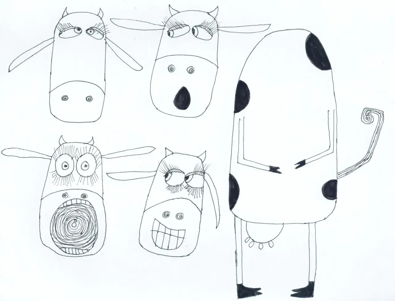 Cinco vacas con expresiones divertidas. Una vaca grande y manchada se para a la derecha. Ideal para actividades sobre la vaca que puso un huevo.