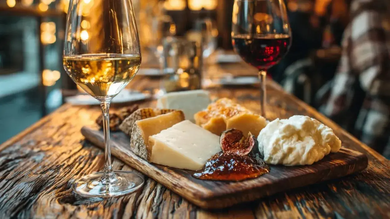 Ein rustikales Holzbrett mit verschiedenen Käsesorten, Feigen und Marmelade, dazu zwei Gläser Wein. Perfekt für einen gemütlichen Abend am Tisch.