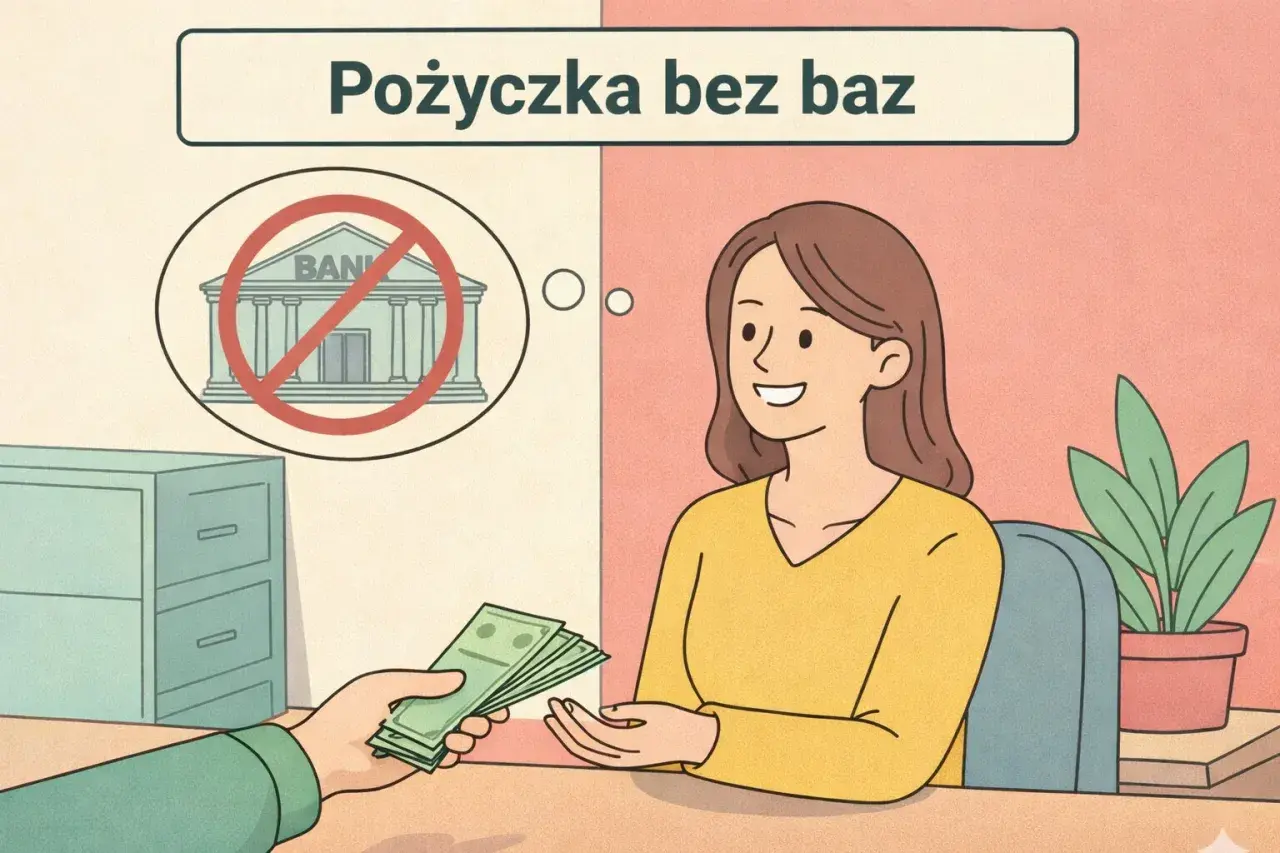 Kobieta otrzymuje pieniądze, myśląc o pożyczce bez baz, z dala od banku.