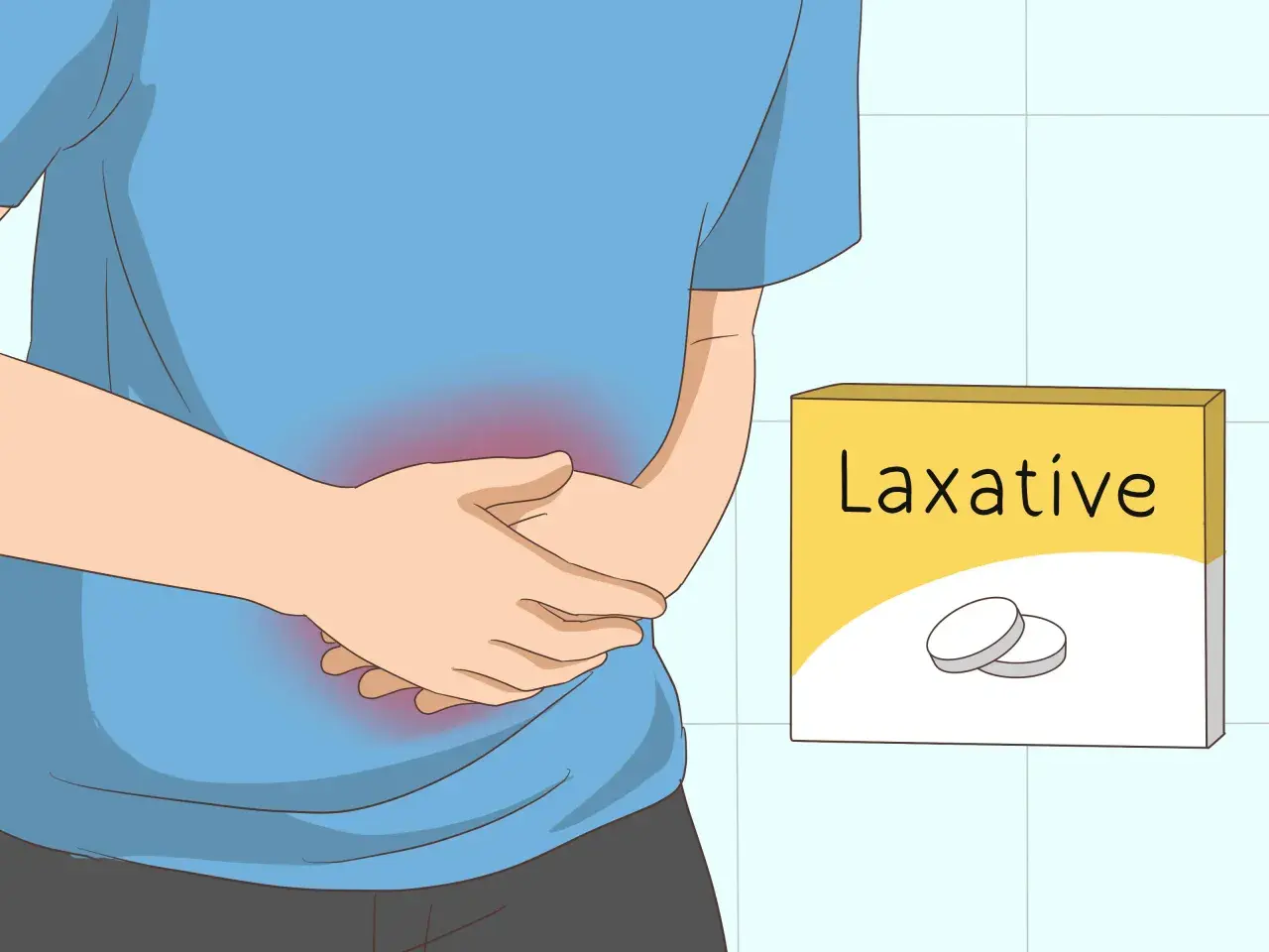 Persona con dolor abdominal, sujetándose el estómago. A su lado, una caja de laxantes, sugiriendo cómo expulsar los gases y aliviar el malestar.