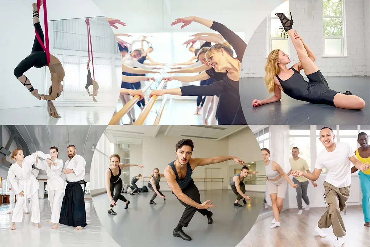 Un collage di immagini mostra diverse discipline: danza aerea, balletto, arti marziali e danza moderna. Perfetto per chi cerca corsi di ballo per adulti.