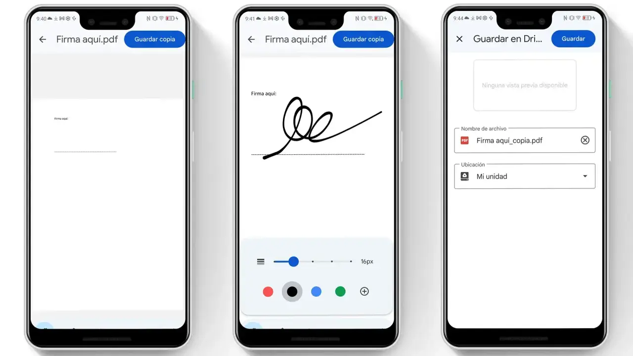 Demostración de cómo firmar un documento en el móvil. Se muestra la interfaz para dibujar la firma y guardarla en Drive.