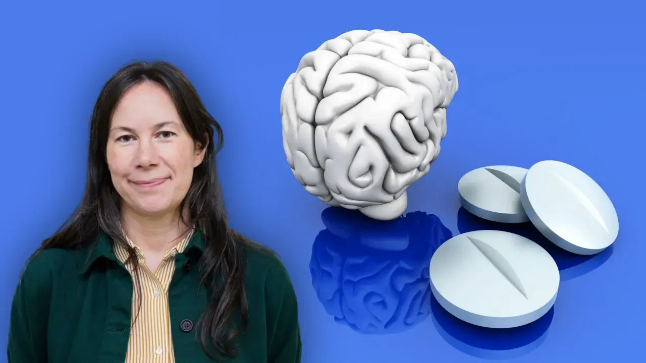 Kvinna bredvid en hjärna och piller, som symboliserar SSRI mediciner.