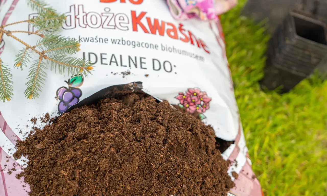 Ziemia lekko kwaśna, idealna do iglaków i roślin wrzosowatych, wysypana z worka na trawę.