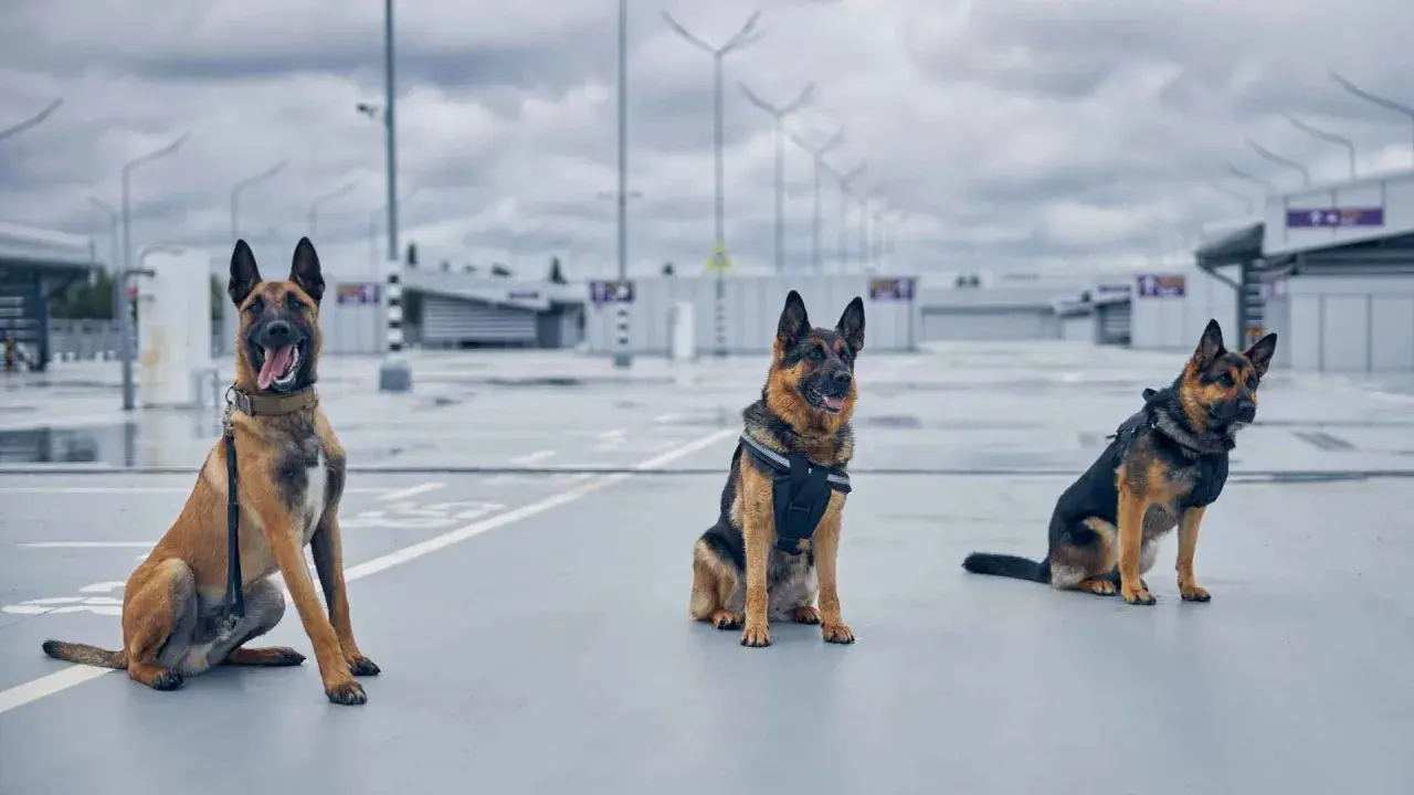 Tres perros antidroga, razas pastor belga y pastor alemán, entrenados para misiones de seguridad.
