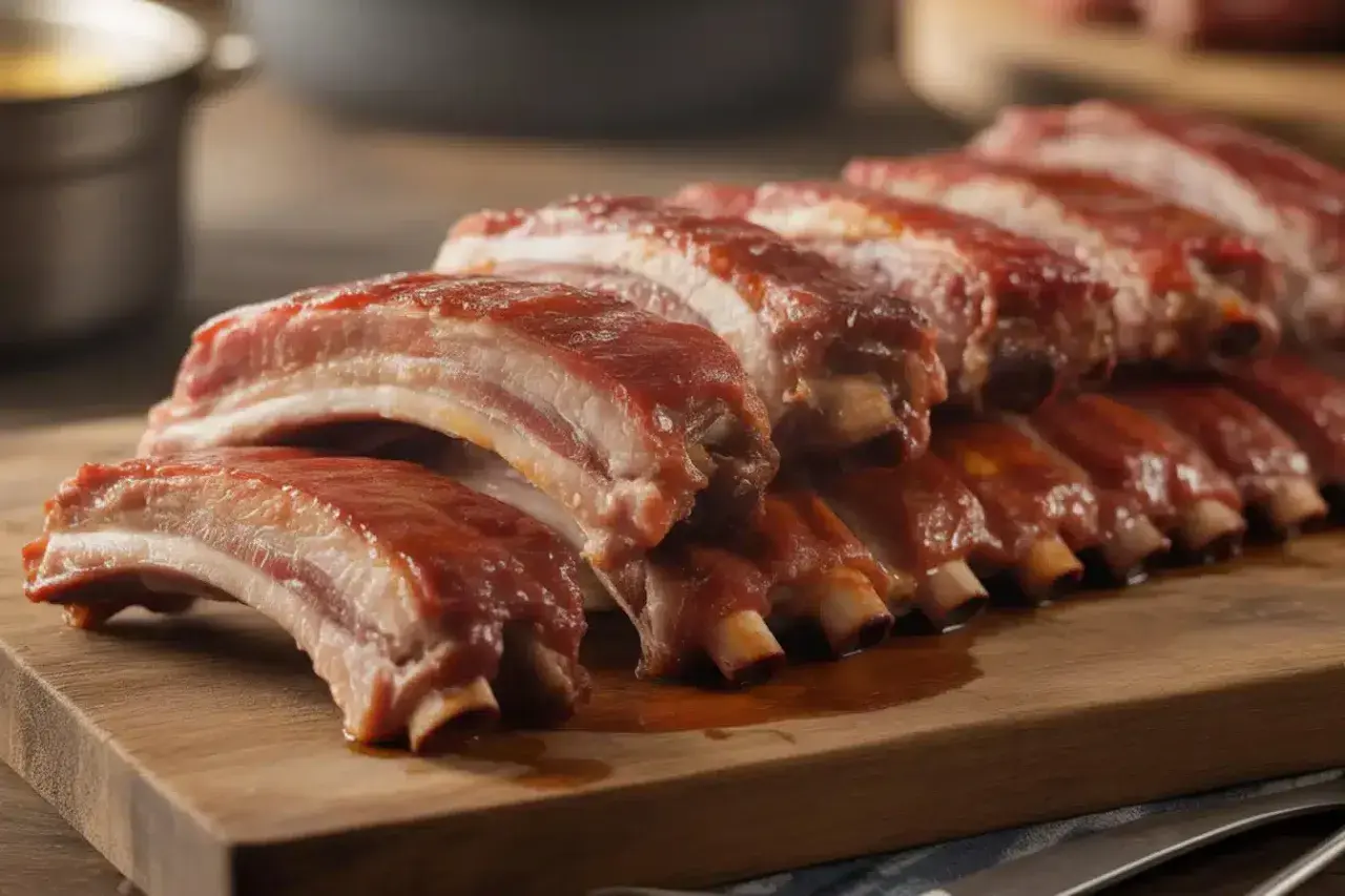 Des travers de porc savoureux, nappés d'une sauce barbecue rouge, prêts à être dégustés sur une planche en bois.
