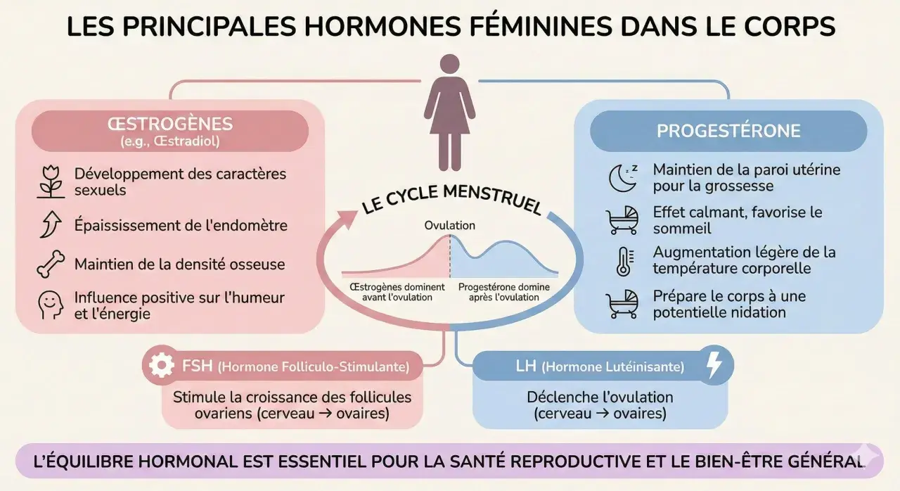 Schéma des hormones féminines : œstrogènes, progestérone, FSH, LH. L'équilibre hormonal est clé pour la santé reproductive.
