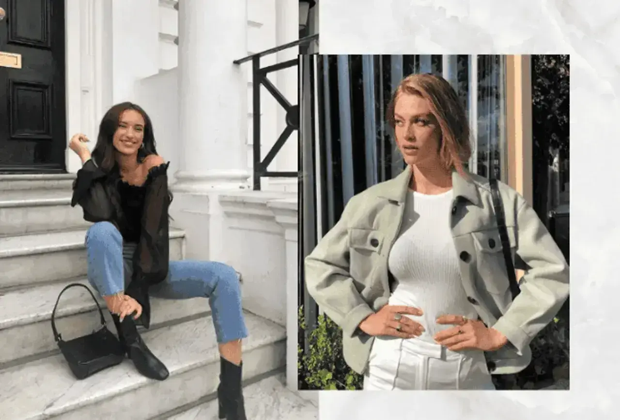 Dwie kobiety prezentują stylizacje do kina: jedna w czarnej bluzce i jeansach, druga w jasnej kurtce i białym topie.