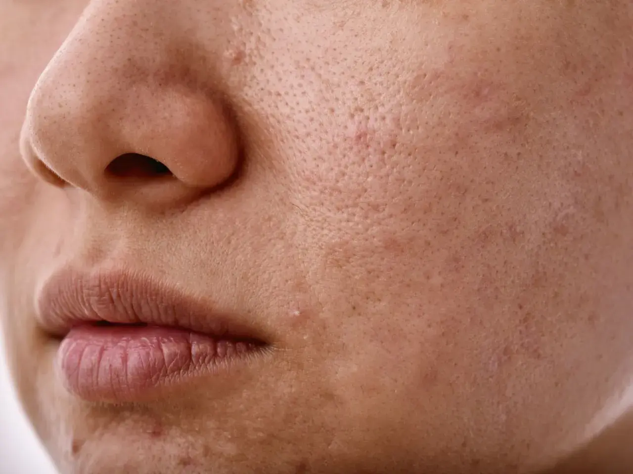 Widoczne pory skóry i drobne niedoskonałości, które mogą być związane z nadmierną produkcją sebum.