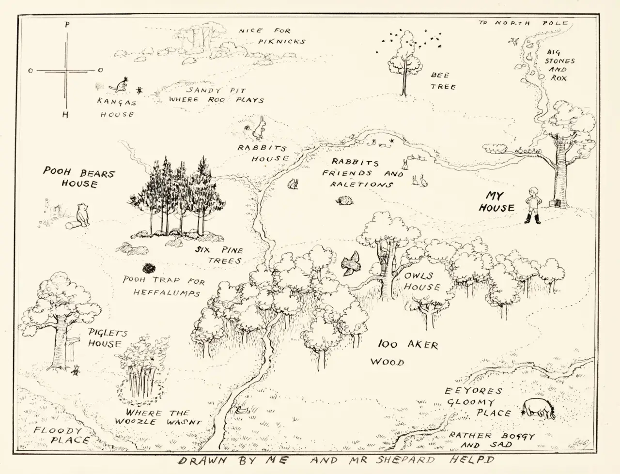 Mapa Stu Akrowego Lasu z Kubusiem Puchatkiem i przyjaciółmi. Znajdują się tu domy Kubusia, Prosiaczka, Królika, Kłapouchego, a także miejsca takie jak "Piaskownica, gdzie bawi się Kangurzyca" czy "Pułapka na Puchatki".