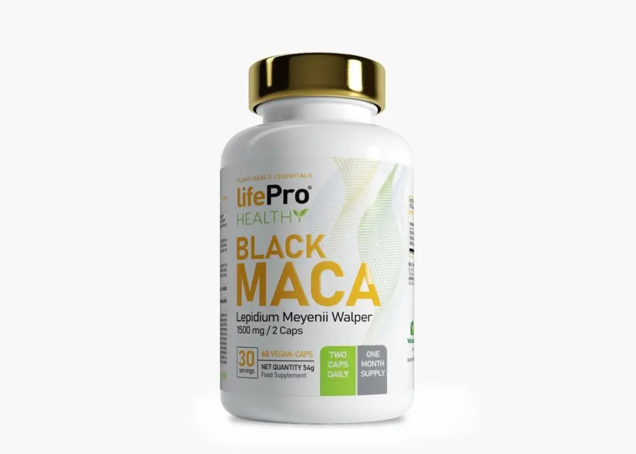 Bote de LifePro Healthy Black Maca, 60 cápsulas veganas. Descubre las maca negra propiedades para tu bienestar.