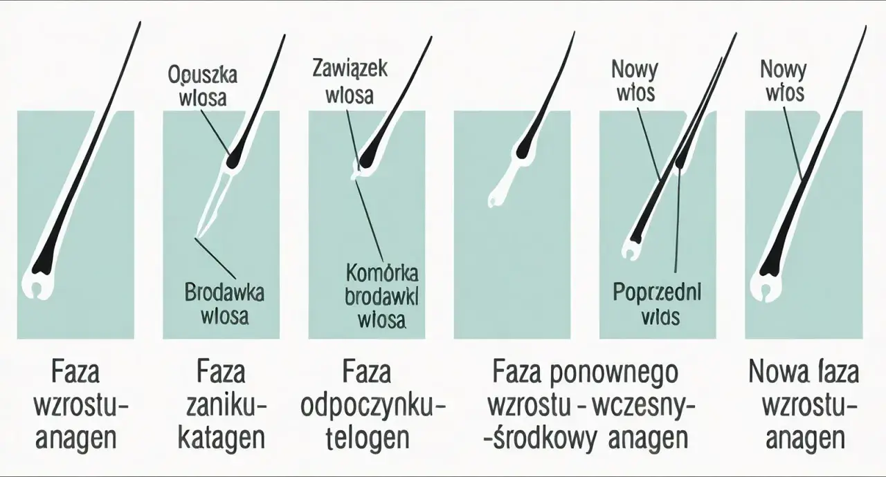 Cykl życia włosa: anagen (wzrost), katagen (zanik), telogen (odpoczynek), a potem nowy włos wyrasta.