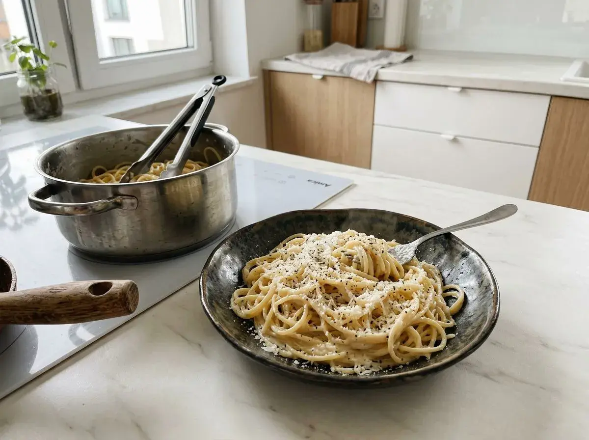 Gotowy do podania talerz spaghetti cacio e pepe, obok garnek z makaronem. Prosty przepis na pyszny obiad.