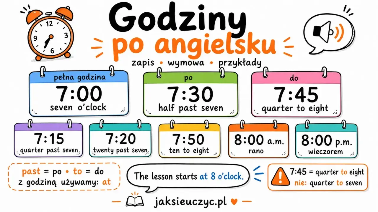 Lekcja zaczyna się o 8:00. Obrazek pokazuje, jak mówić godziny po angielsku, np. seven o'clock, half past seven, quarter to eight.