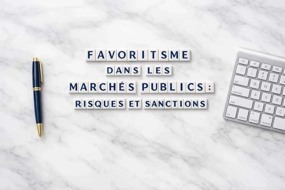 Le favoritisme dans les marchés publics : risques et sanctions. Un stylo et un clavier sur fond marbre, évoquant la paperasse et les décisions importantes.